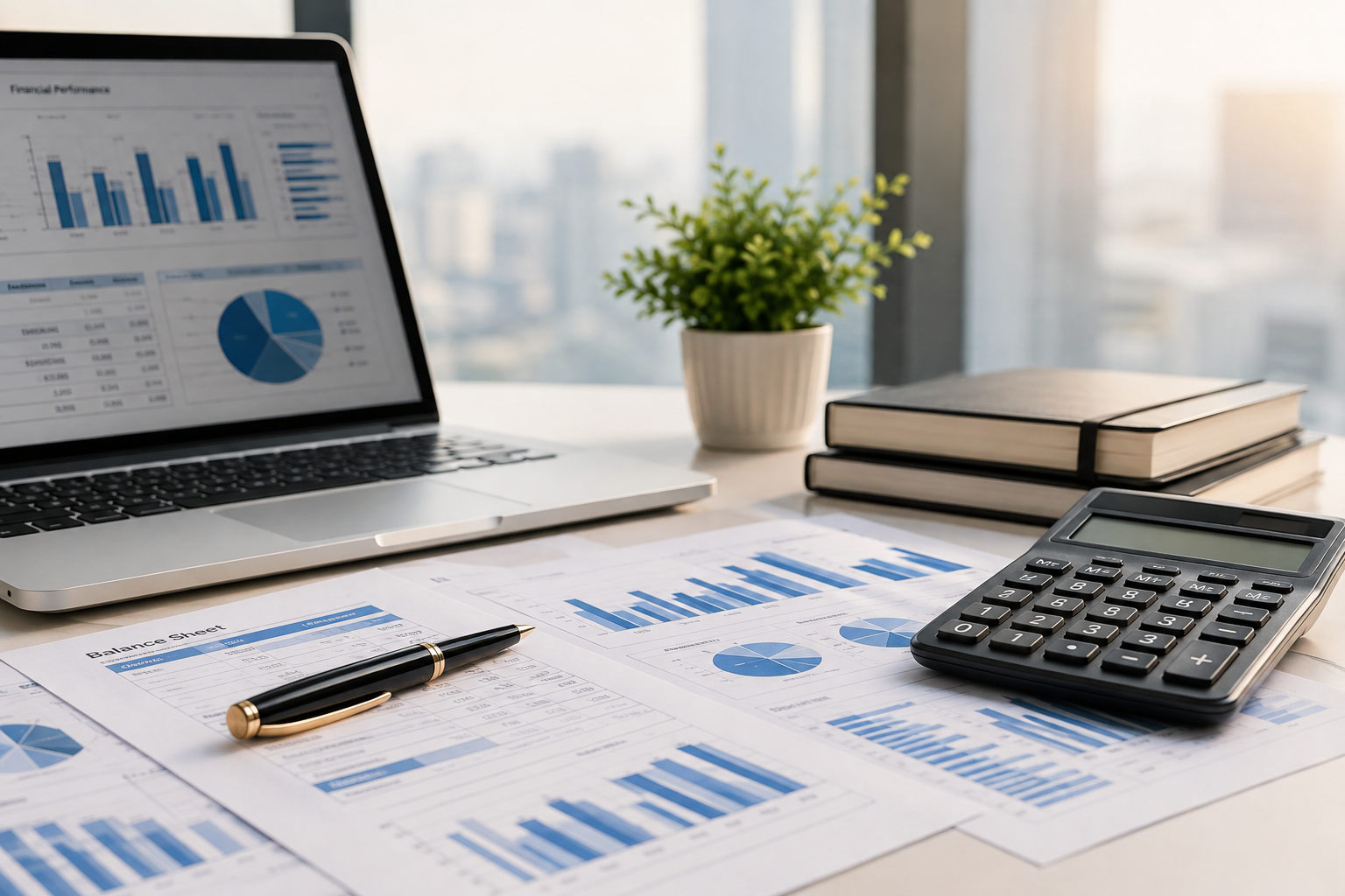 Accounting workspace with laptop, financial documents, calculator and charts